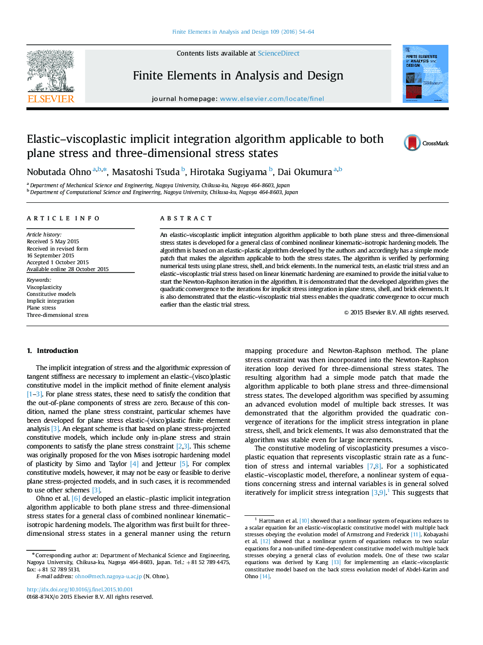 Elastic–viscoplastic implicit integration algorithm applicable to both plane stress and three-dimensional stress states