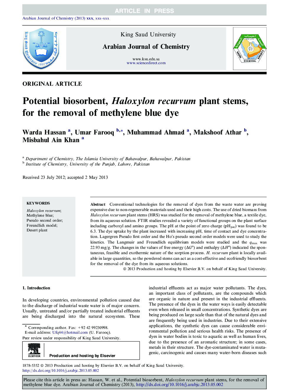 Potential biosorbent, Haloxylon recurvum plant stems, for the removal of methylene blue dye