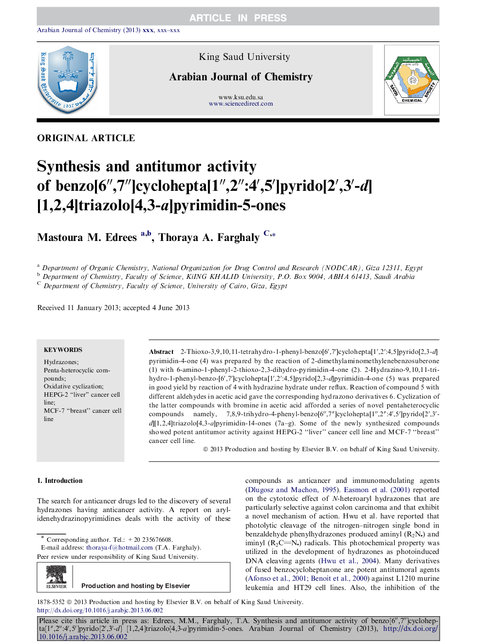 Synthesis and antitumor activity of benzo[6â³,7â³]cyclohepta[1â³,2â³:4â²,5â²]pyrido[2â²,3â²-d][1,2,4]triazolo[4,3-a]pyrimidin-5-ones