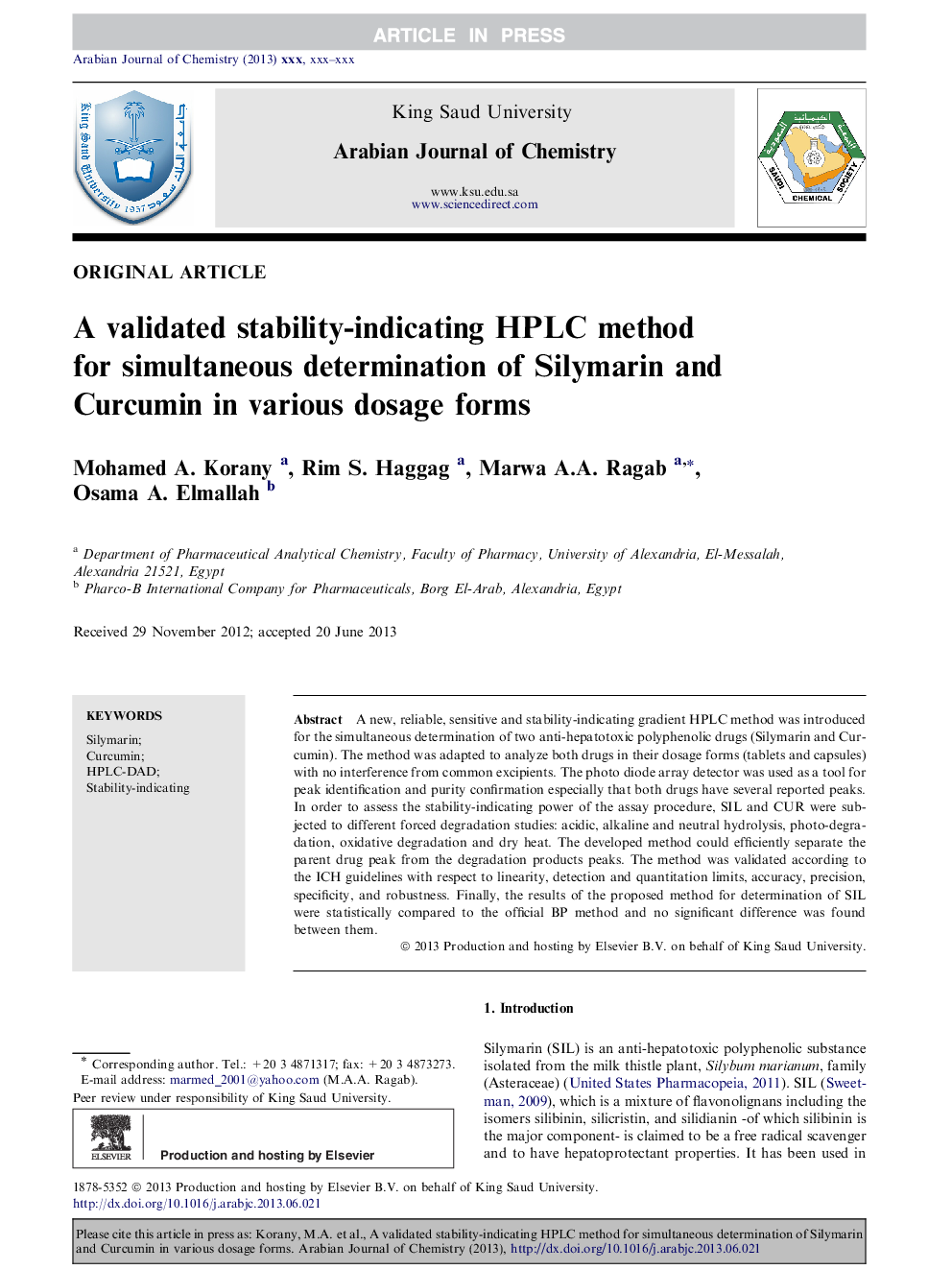 A validated stability-indicating HPLC method for simultaneous determination of Silymarin and Curcumin in various dosage forms