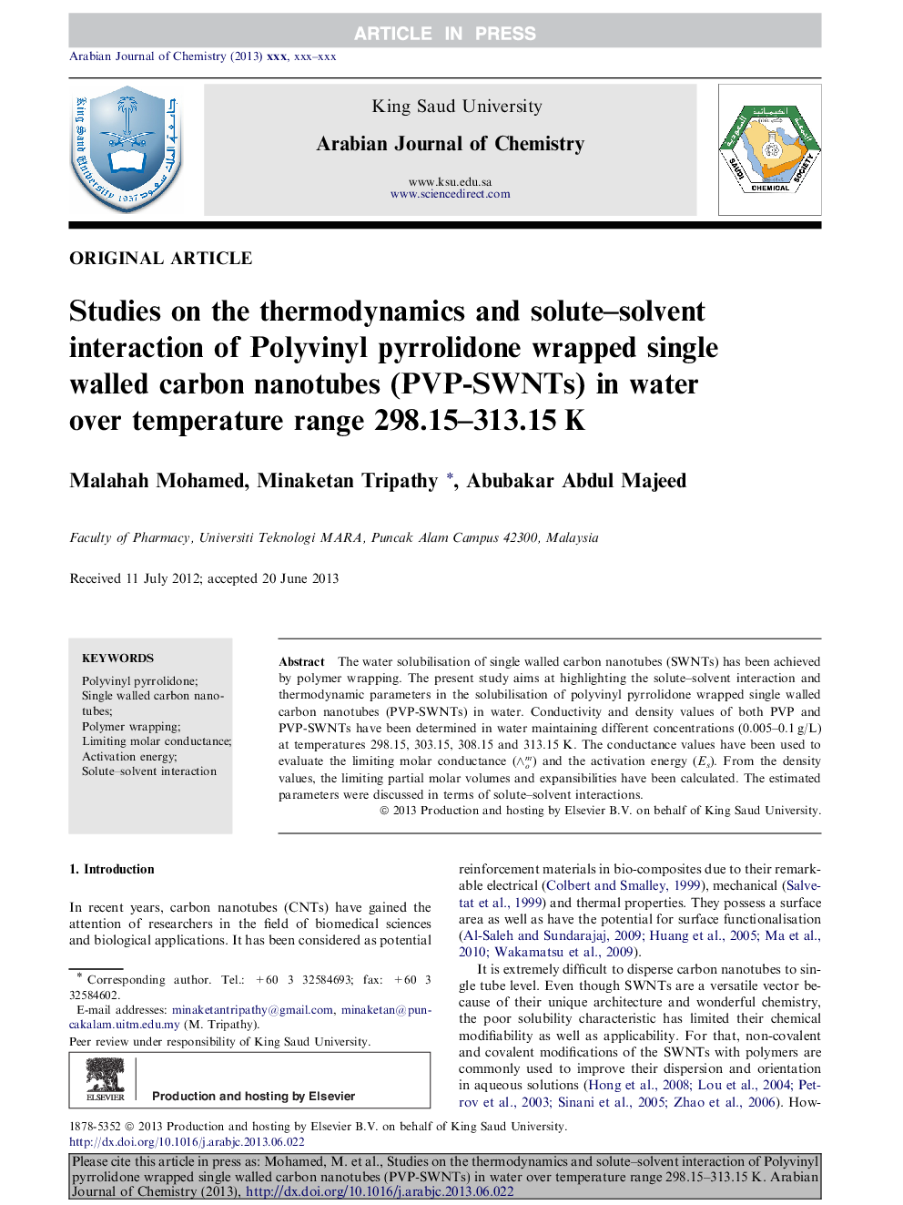 Studies on the thermodynamics and solute-solvent interaction of Polyvinyl pyrrolidone wrapped single walled carbon nanotubes (PVP-SWNTs) in water over temperature range 298.15-313.15Â K