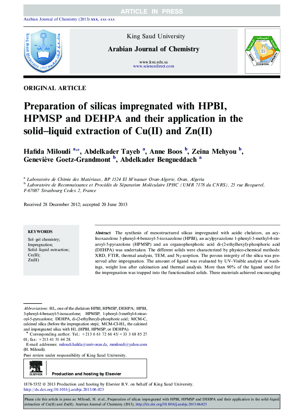 Preparation of silicas impregnated with HPBI, HPMSP and DEHPA and their application in the solid-liquid extraction of Cu(II) and Zn(II)