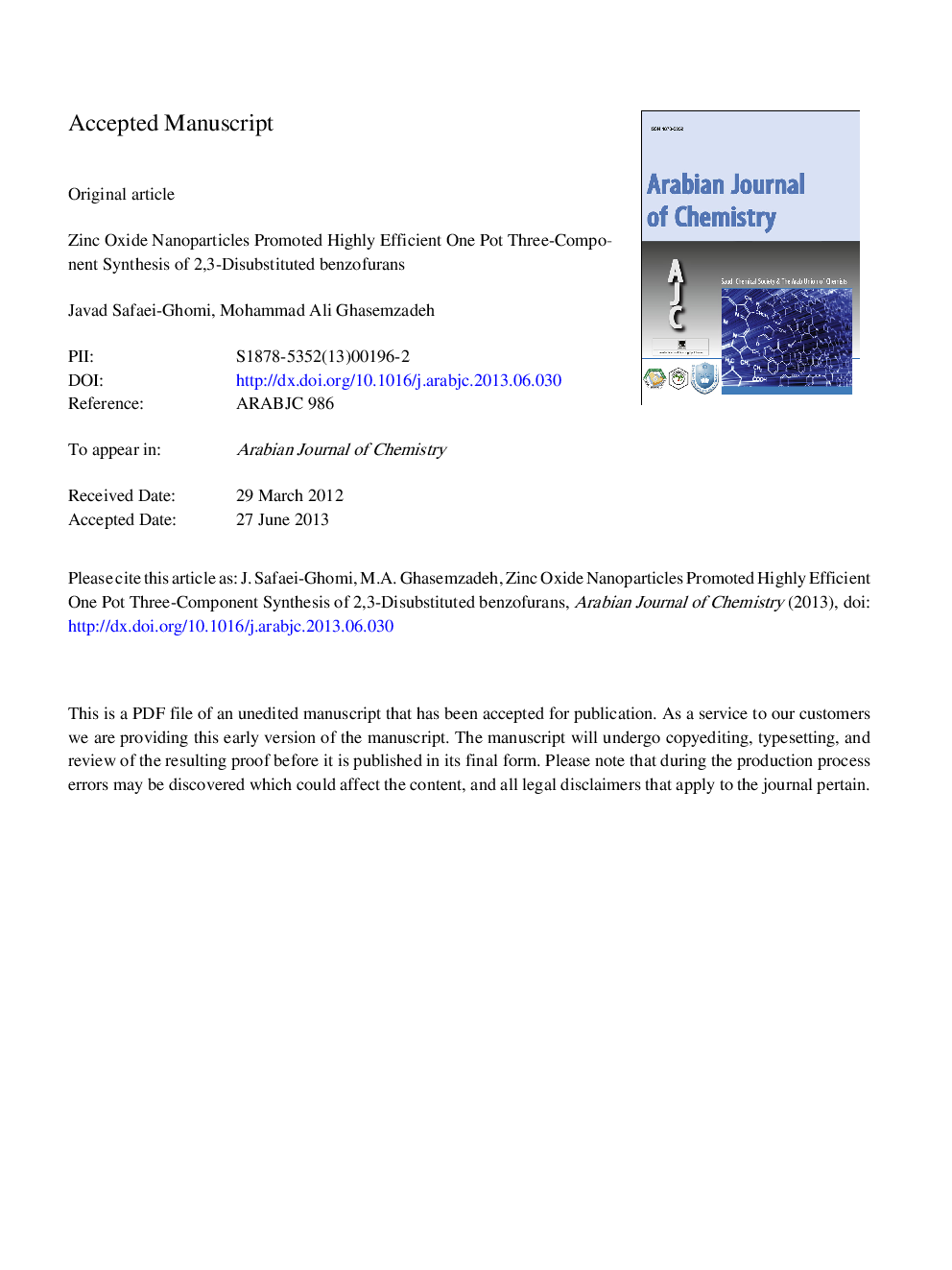 Zinc oxide nanoparticle promoted highly efficient one pot three-component synthesis of 2,3-disubstituted benzofurans