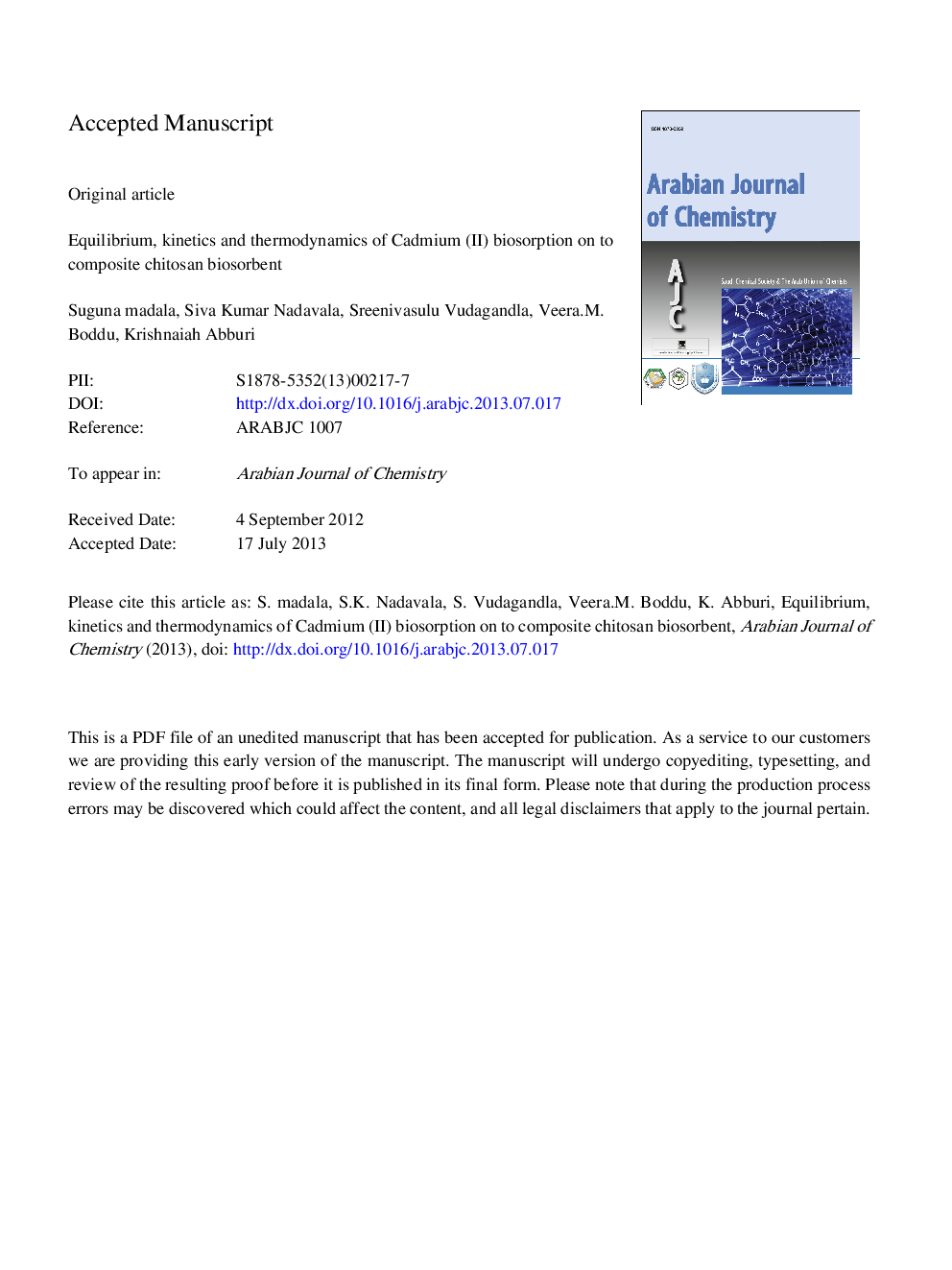 Equilibrium, kinetics and thermodynamics of Cadmium (II) biosorption on to composite chitosan biosorbent