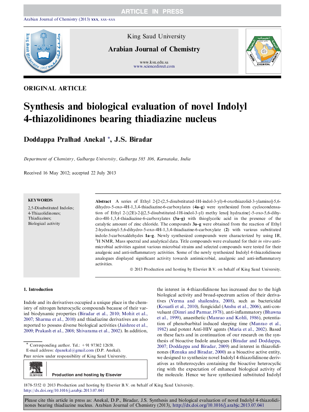 Synthesis and biological evaluation of novel Indolyl 4-thiazolidinones bearing thiadiazine nucleus