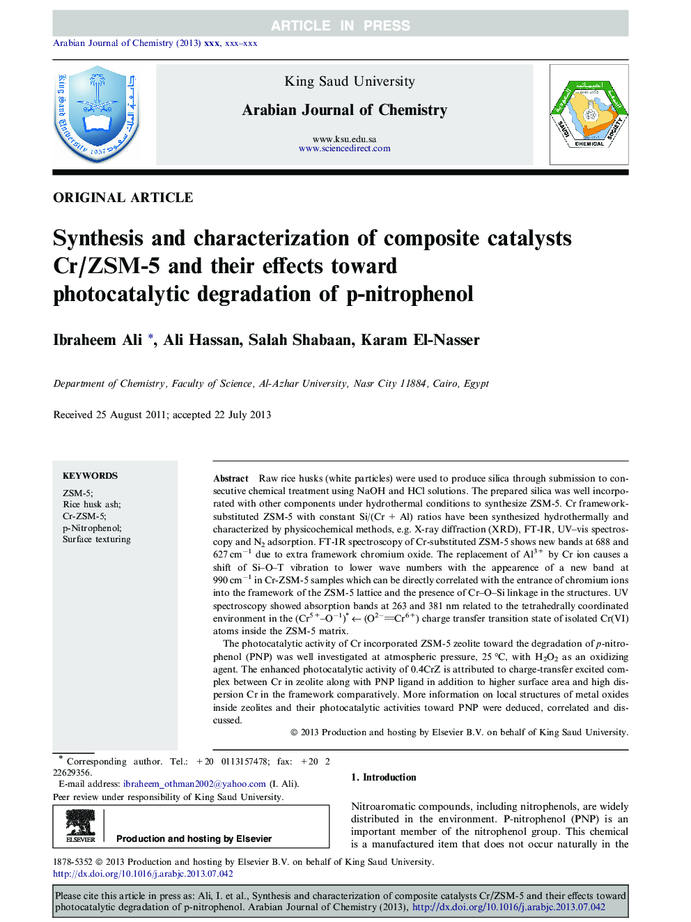 Synthesis and characterization of composite catalysts Cr/ZSM-5 and their effects toward photocatalytic degradation of p-nitrophenol