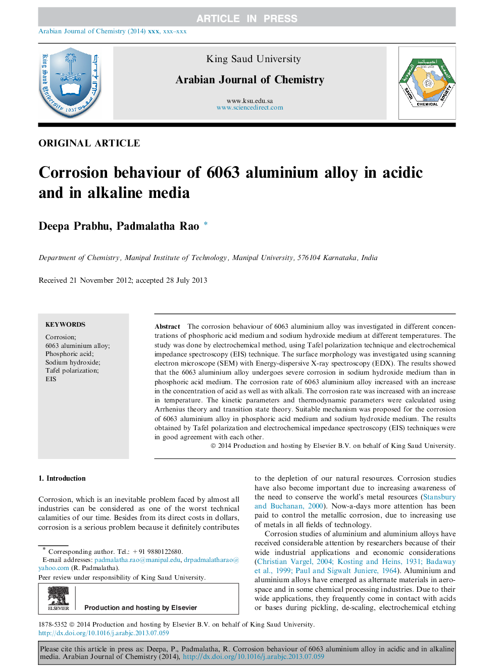 Corrosion behaviour of 6063 aluminium alloy in acidic and in alkaline media