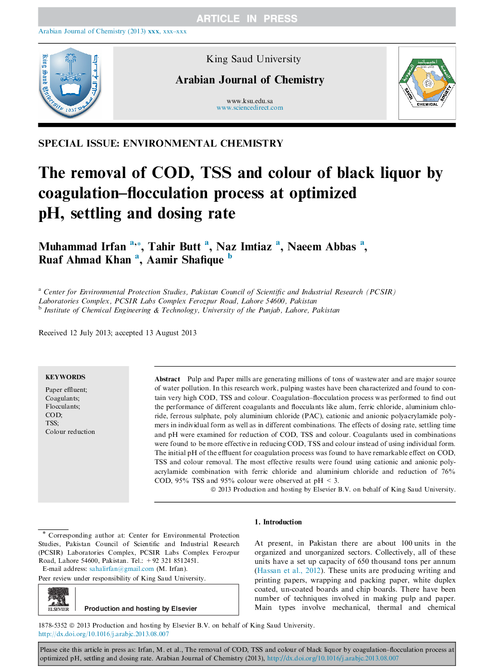 The removal of COD, TSS and colour of black liquor by coagulation-flocculation process at optimized pH, settling and dosing rate