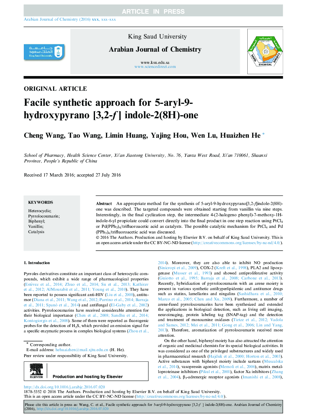 Facile synthetic approach for 5-aryl-9-hydroxypyrano [3,2-f] indole-2(8H)-one