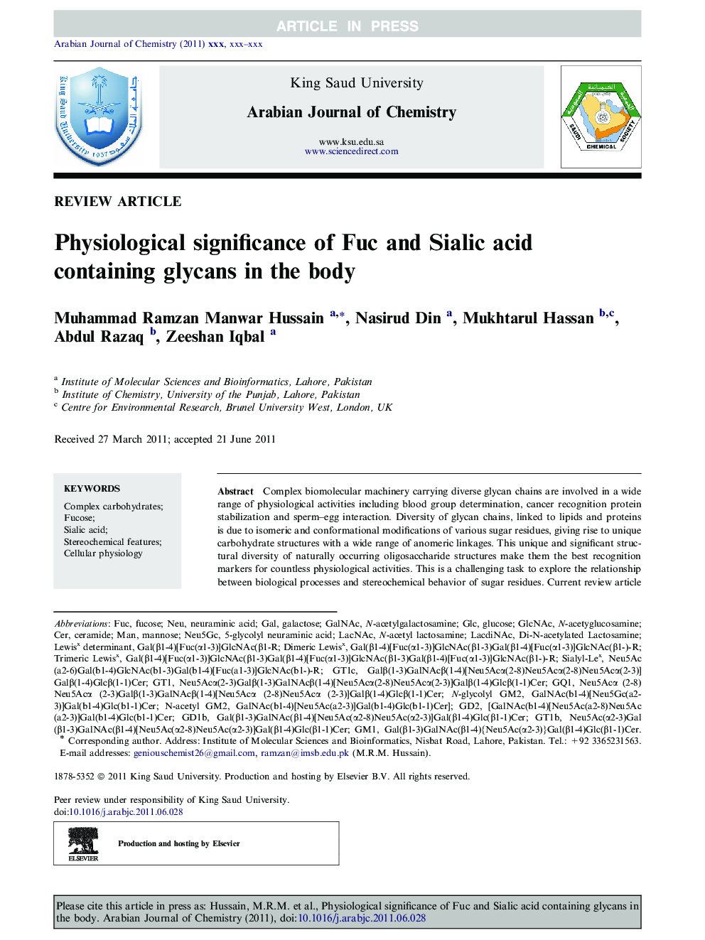 Physiological significance of Fuc and Sialic acid containing glycans in the body