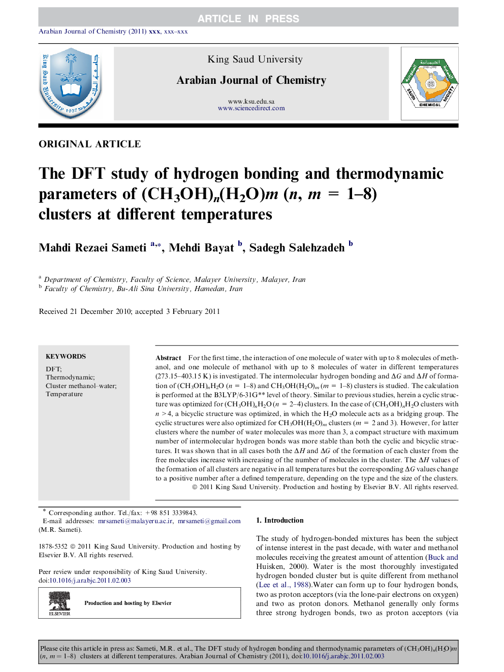 عکس صفحه اول مقاله: The DFT study of hydrogen bonding and thermodynamic parameters of (CH3OH)n(H2O)m (n, m = 1-8) clusters at different temperatures The DFT study of hydrogen bonding and thermodynamic parameters of (CH3OH)n(H2O)m (n, m = 1-8) clusters at different temperatures