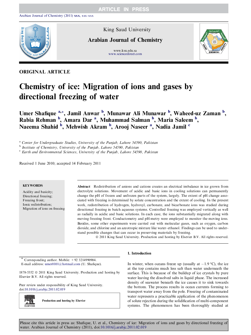 Chemistry of ice: Migration of ions and gases by directional freezing of water