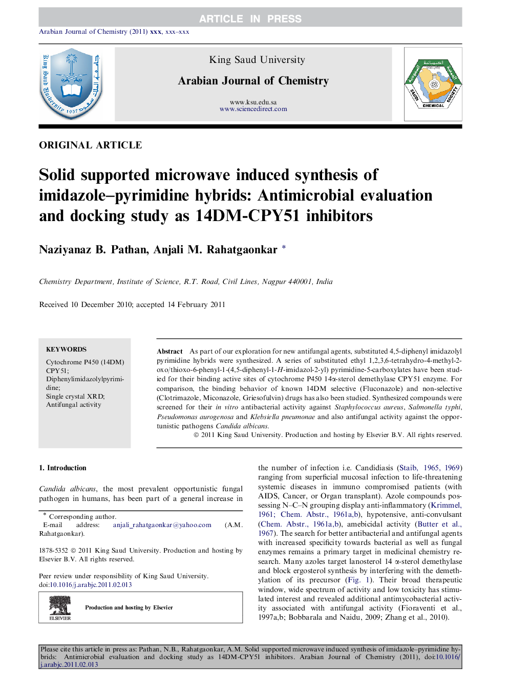 عکس صفحه اول مقاله: Solid supported microwave induced synthesis of imidazole-pyrimidine hybrids: Antimicrobial evaluation and docking study as 14DM-CPY51 inhibitors Solid supported microwave induced synthesis of imidazole-pyrimidine hybrids: Antimicrobial evaluation and docking study as 14DM-CPY51 inhibitors