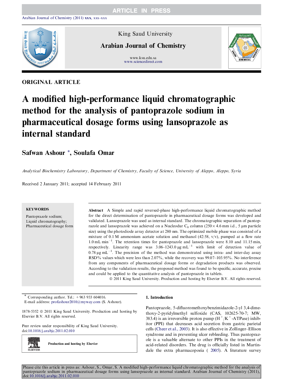 A modified high-performance liquid chromatographic method for the analysis of pantoprazole sodium in pharmaceutical dosage forms using lansoprazole as internal standard