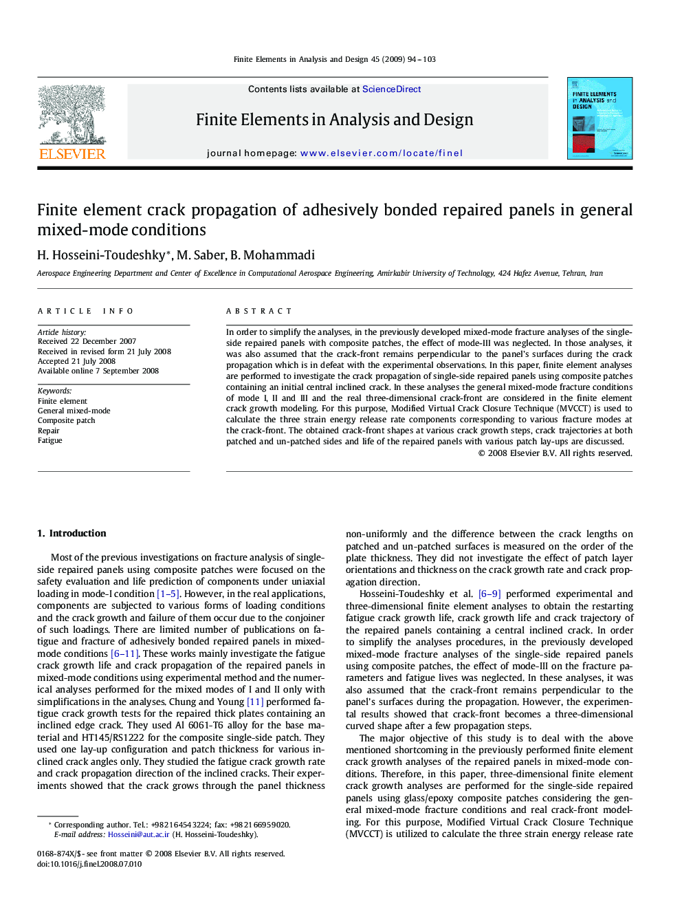 Finite element crack propagation of adhesively bonded repaired panels in general mixed-mode conditions