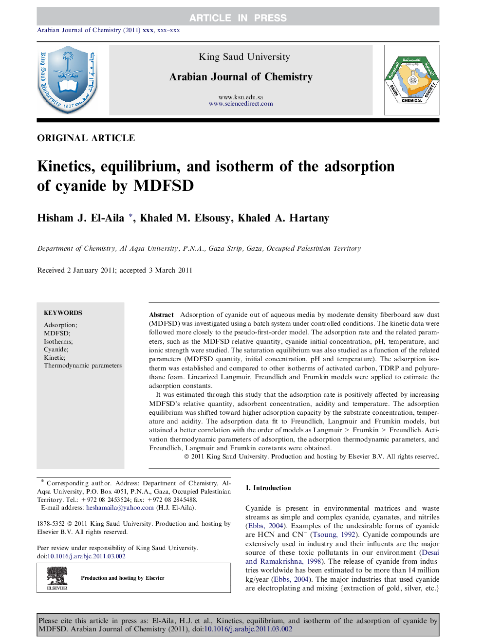 Kinetics, equilibrium, and isotherm of the adsorption of cyanide by MDFSD