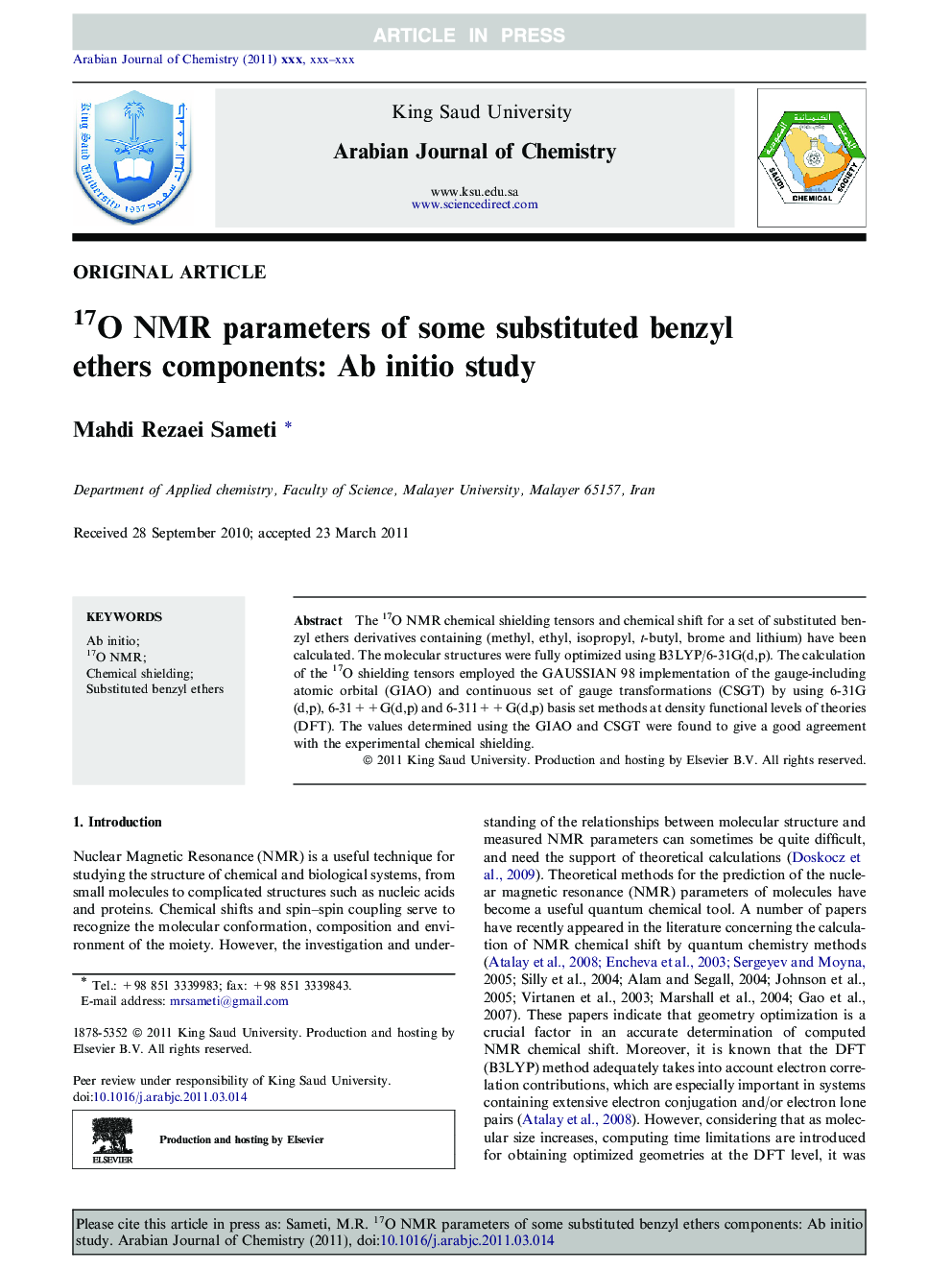 17O NMR parameters of some substituted benzyl ethers components: Ab initio study