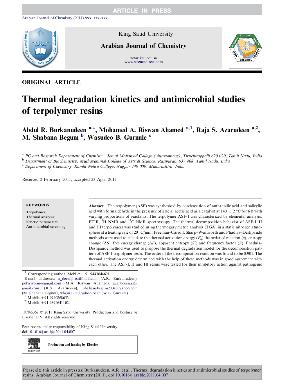 Thermal degradation kinetics and antimicrobial studies of terpolymer resins