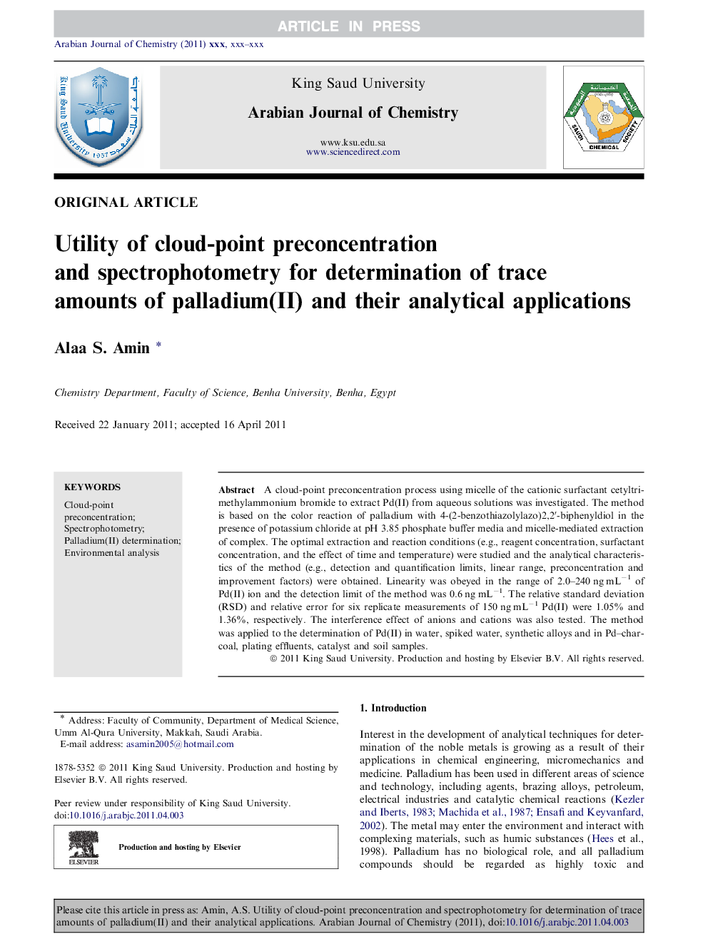 Utility of cloud-point preconcentration and spectrophotometry for determination of trace amounts of palladium(II) and their analytical applications