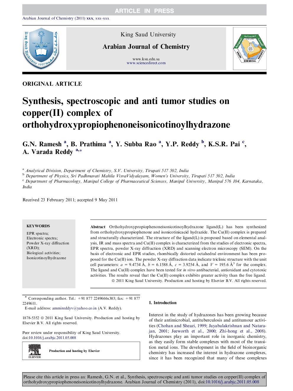 Synthesis, spectroscopic and anti tumor studies on copper(II) complex of orthohydroxypropiophenoneisonicotinoylhydrazone