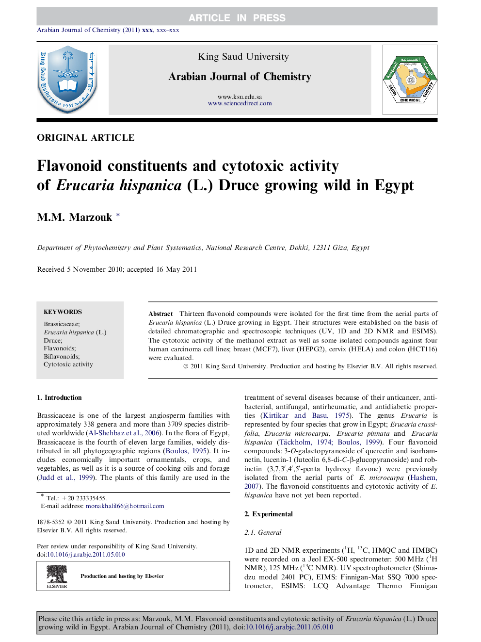 Flavonoid constituents and cytotoxic activity of Erucaria hispanica (L.) Druce growing wild in Egypt