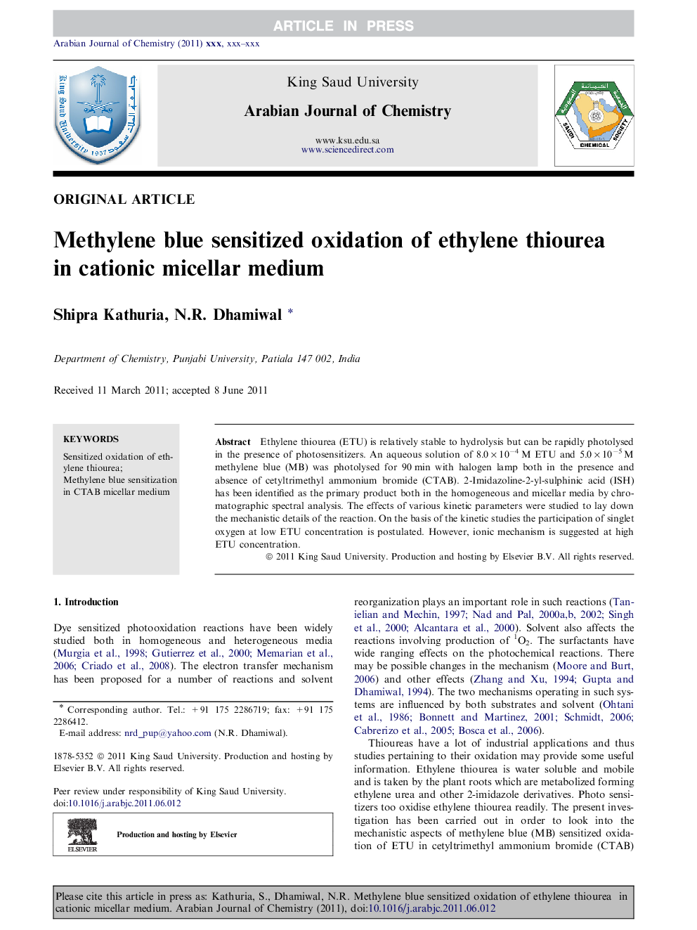 Methylene blue sensitized oxidation of ethylene thiourea in cationic micellar medium