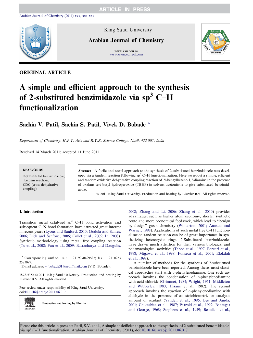 A simple and efficient approach to the synthesis of 2-substituted benzimidazole via sp3 C-H functionalization