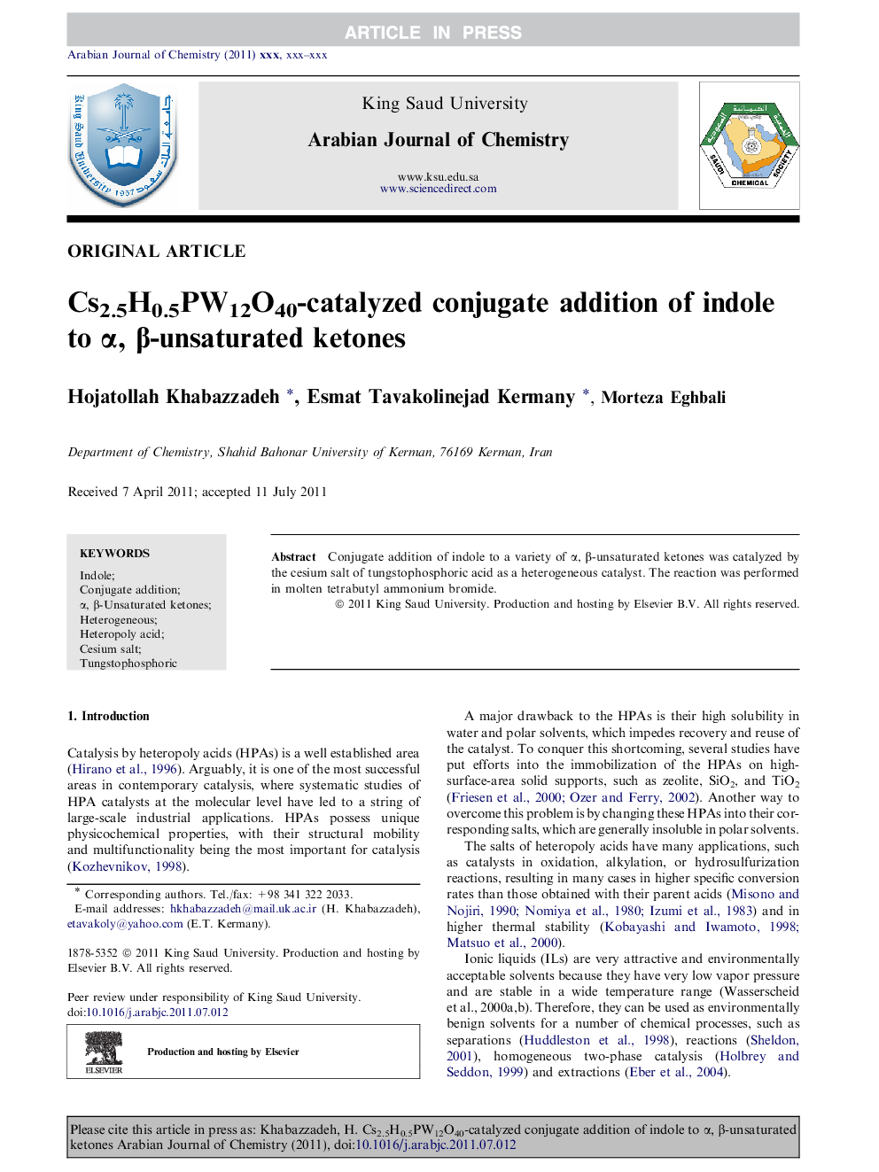 Cs2.5H0.5PW12O40-catalyzed conjugate addition of indole to Î±, Î²-unsaturated ketones