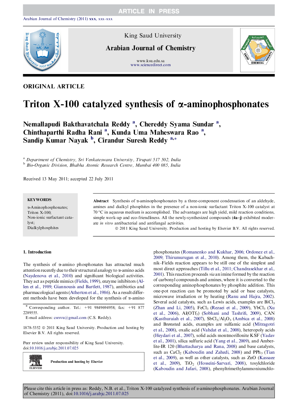 Triton X-100 catalyzed synthesis of Î±-aminophosphonates