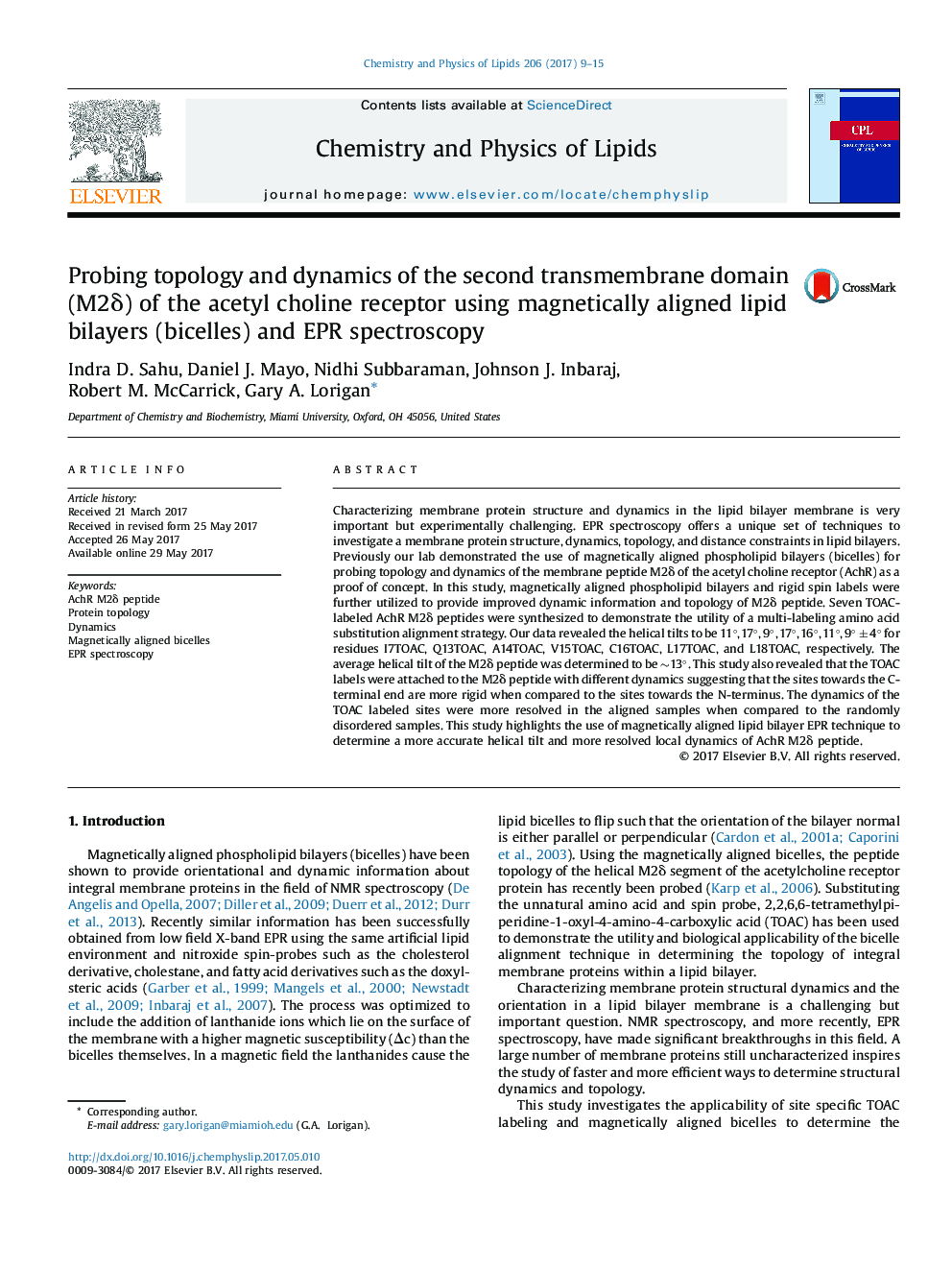 Probing topology and dynamics of the second transmembrane domain (M2Î´) of the acetyl choline receptor using magnetically aligned lipid bilayers (bicelles) and EPR spectroscopy