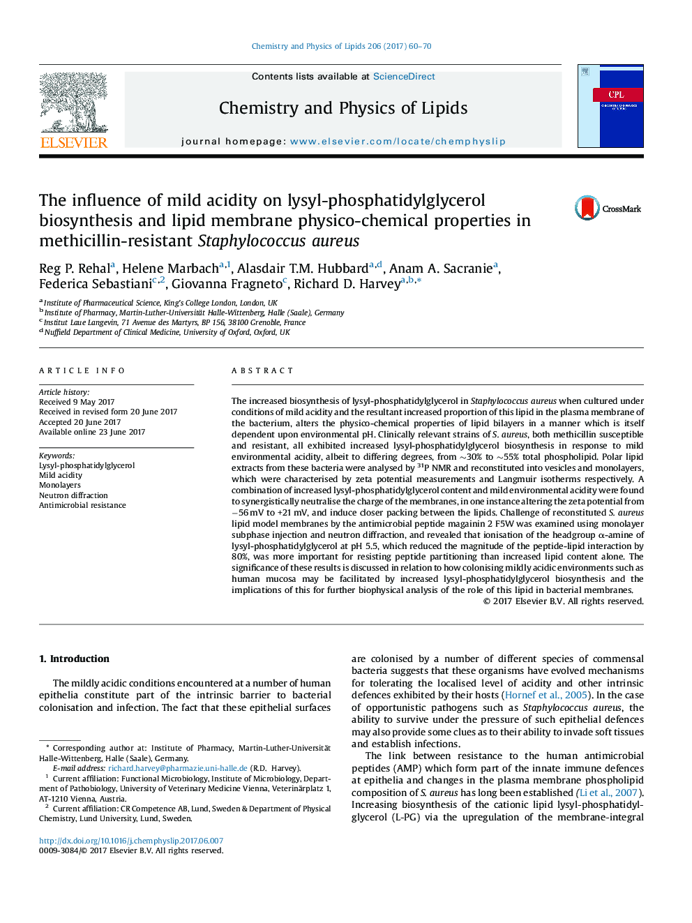 The influence of mild acidity on lysyl-phosphatidylglycerol biosynthesis and lipid membrane physico-chemical properties in methicillin-resistant Staphylococcus aureus