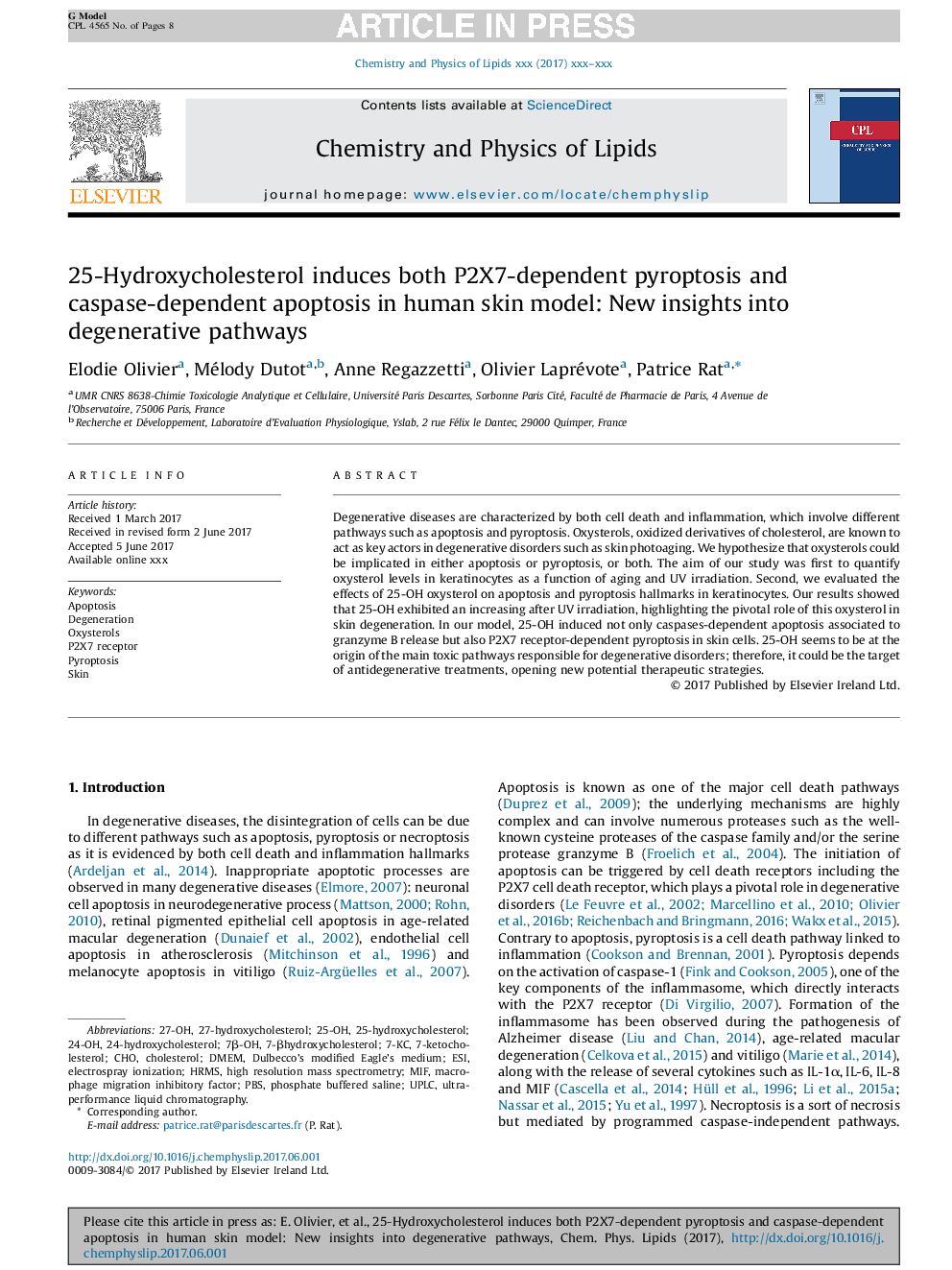 25-Hydroxycholesterol induces both P2X7-dependent pyroptosis and caspase-dependent apoptosis in human skin model: New insights into degenerative pathways