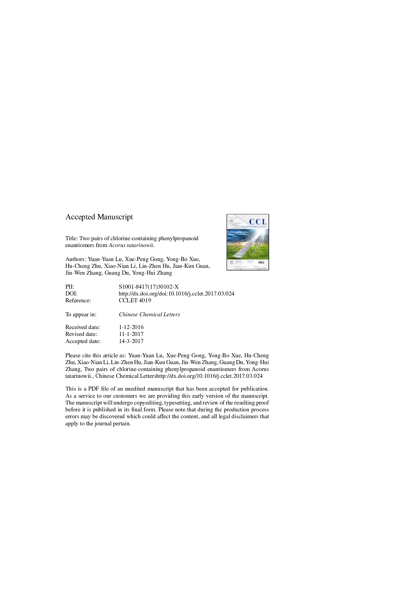 Two pairs of chlorine-containing phenylpropanoid enantiomers from Acorus tatarinowii