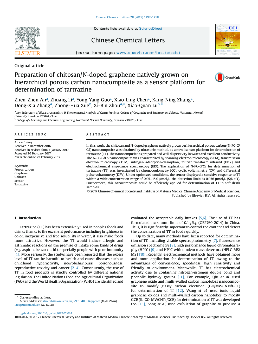 Preparation of chitosan/N-doped graphene natively grown on hierarchical porous carbon nanocomposite as a sensor platform for determination of tartrazine