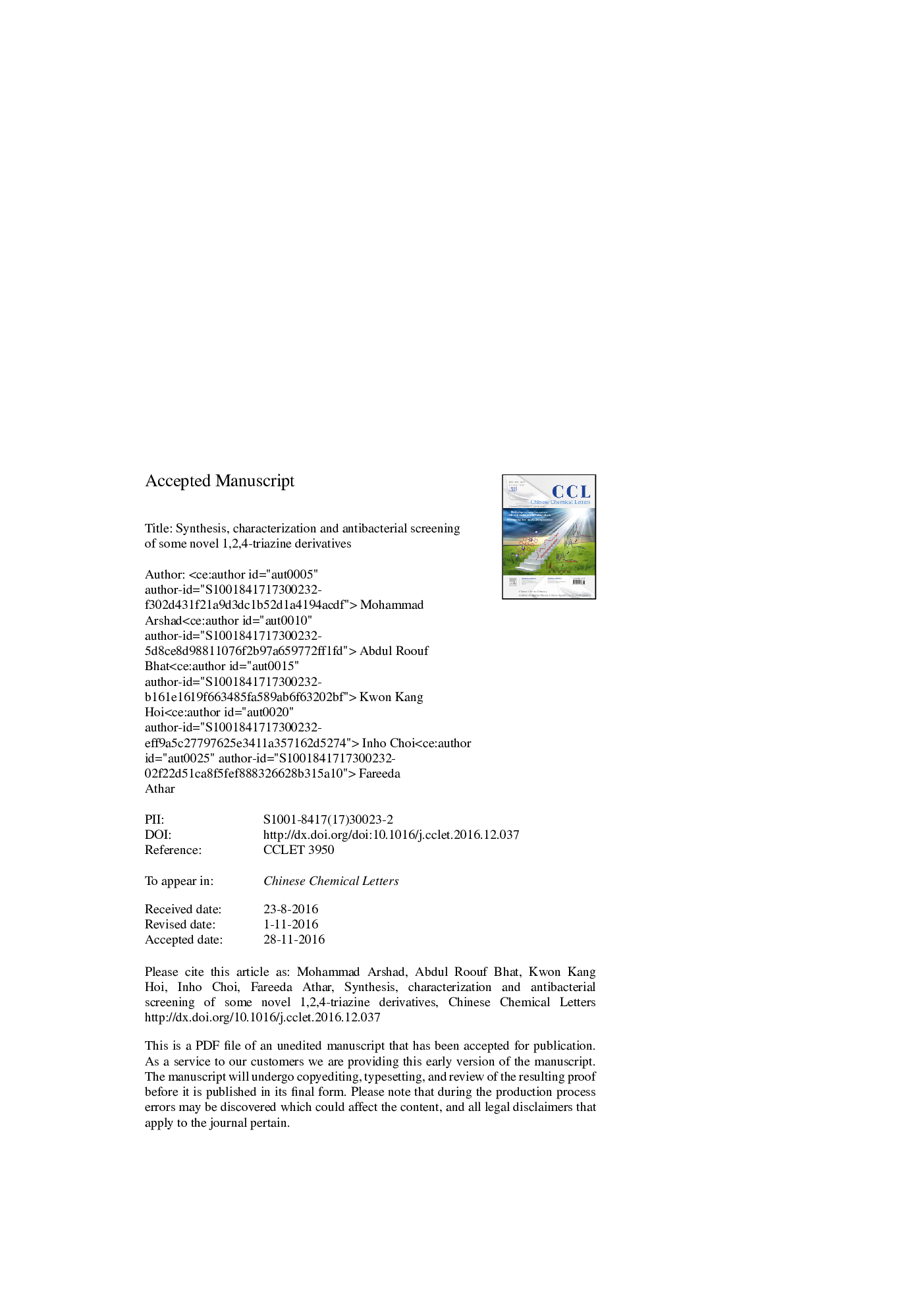 Synthesis, characterization and antibacterial screening of some novel 1,2,4-triazine derivatives