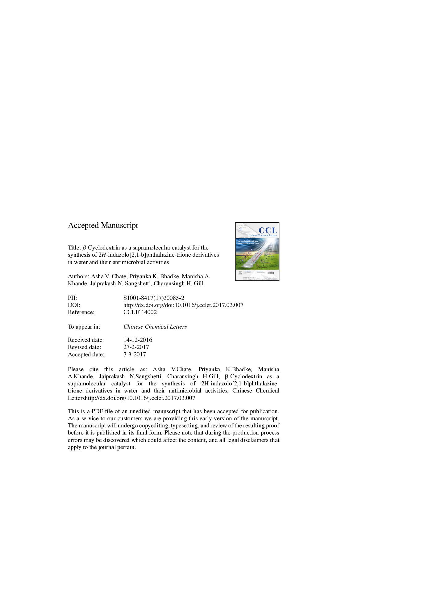 Î²-Cyclodextrin as a supramolecular catalyst for the synthesis of 2H-indazolo[2,1-b]phthalazine-trione derivatives in water and their antimicrobial activities