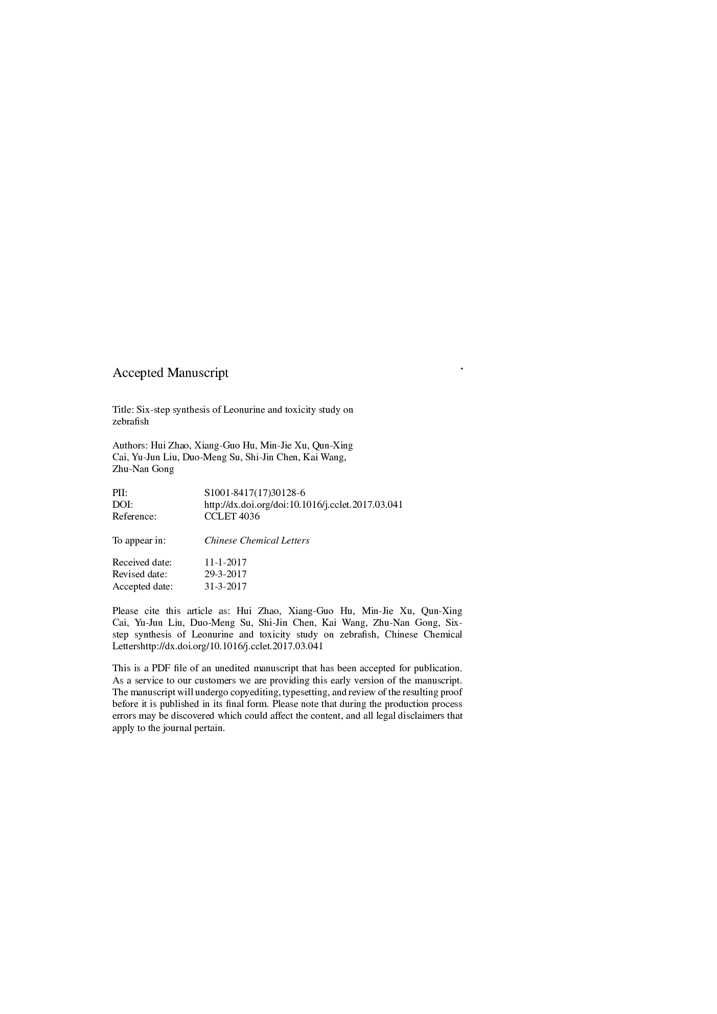 Six-step synthesis of Leonurine and toxicity study on zebrafish