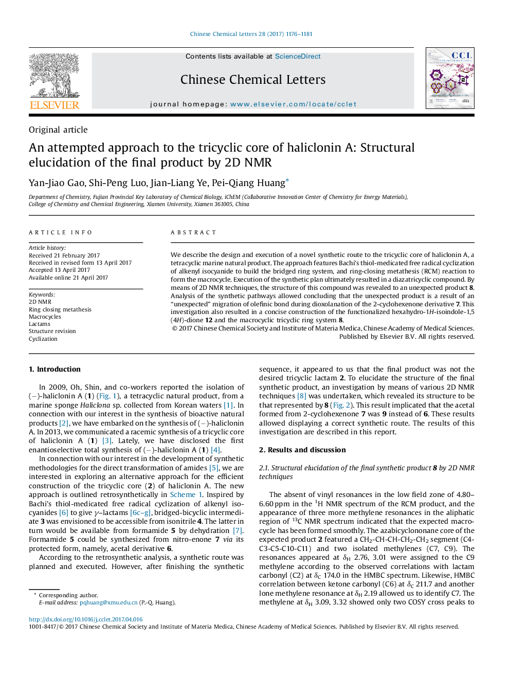 An attempted approach to the tricyclic core of haliclonin A: Structural elucidation of the final product by 2D NMR