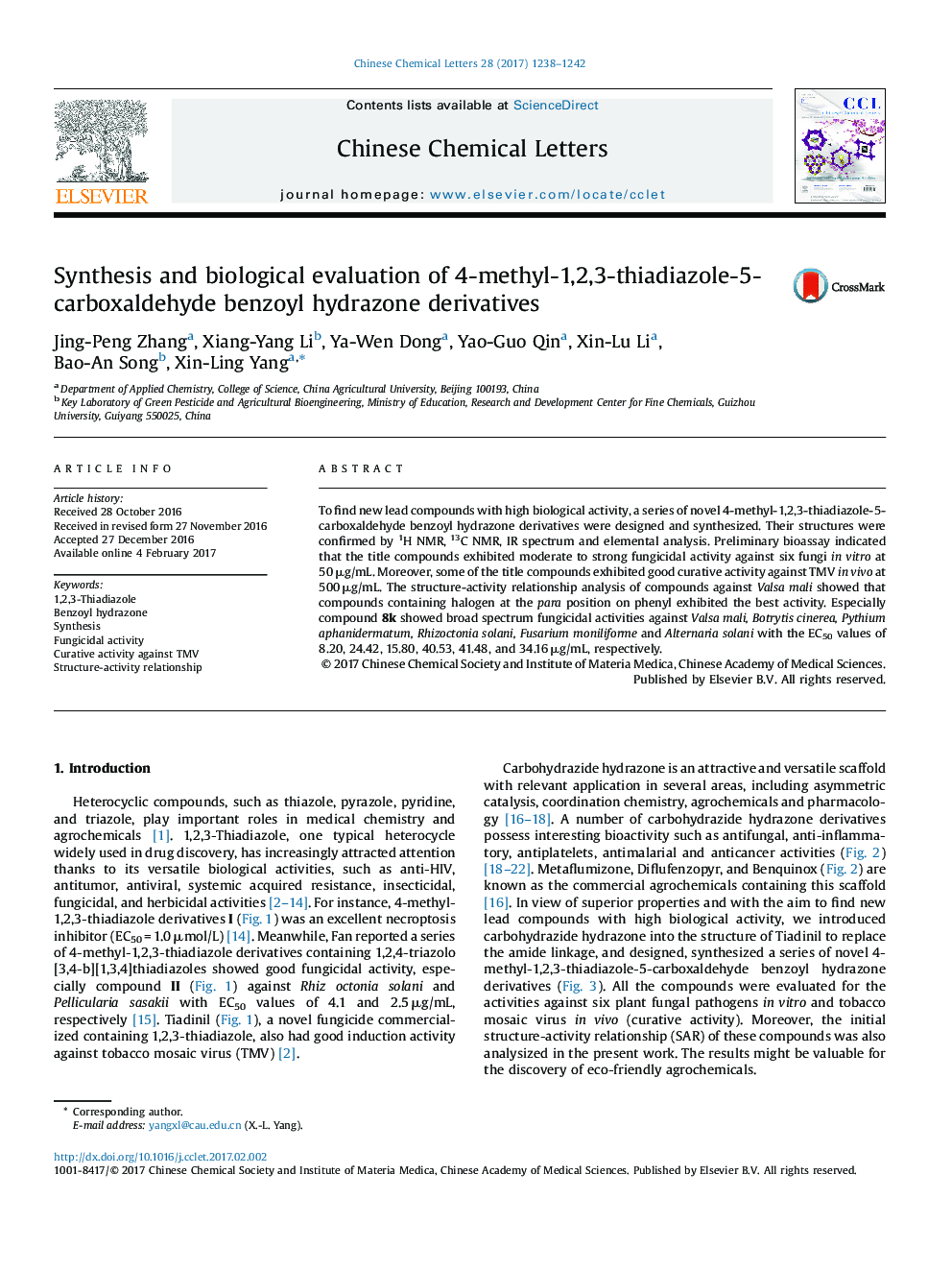 Synthesis and biological evaluation of 4-methyl-1,2,3-thiadiazole-5-carboxaldehyde benzoyl hydrazone derivatives