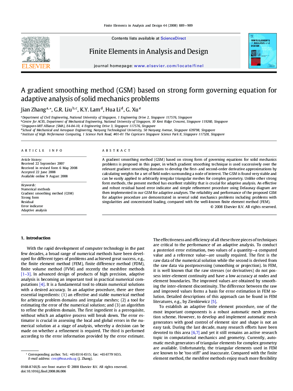 A gradient smoothing method (GSM) based on strong form governing equation for adaptive analysis of solid mechanics problems