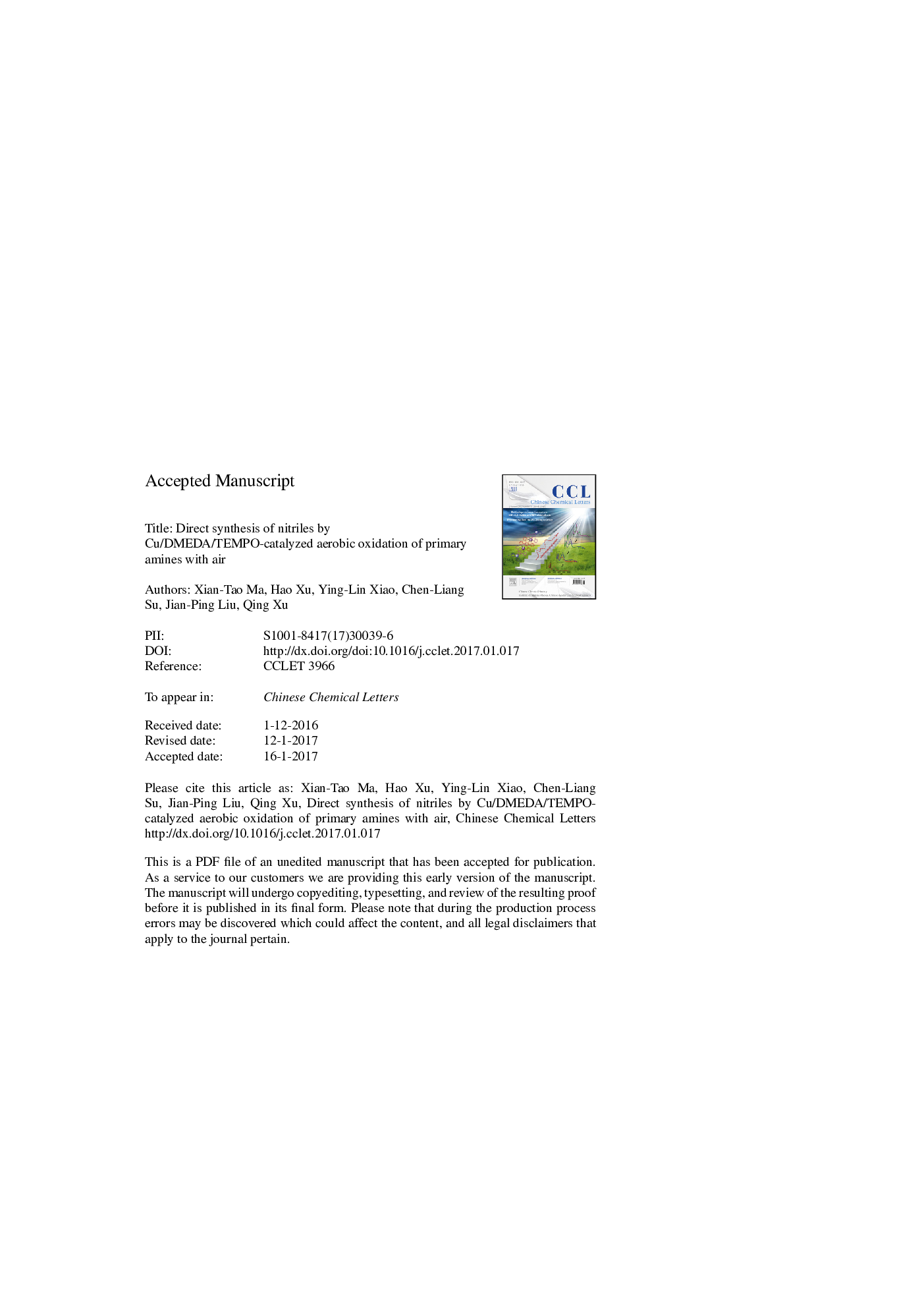 Direct synthesis of nitriles by Cu/DMEDA/TEMPO-catalyzed aerobic oxidation of primary amines with air