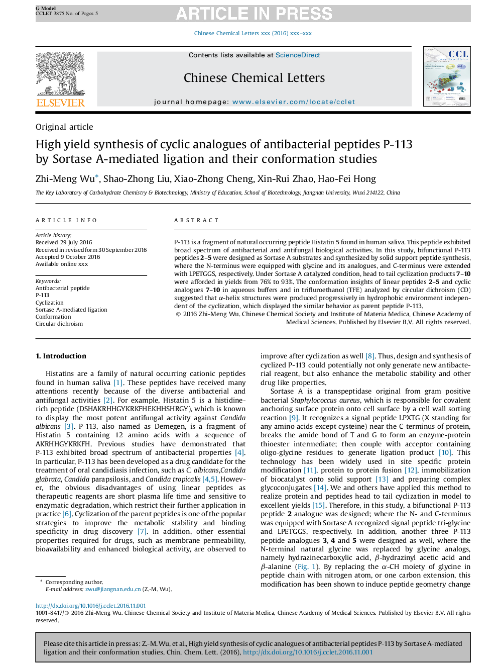 High yield synthesis of cyclic analogues of antibacterial peptides P-113 by Sortase A-mediated ligation and their conformation studies