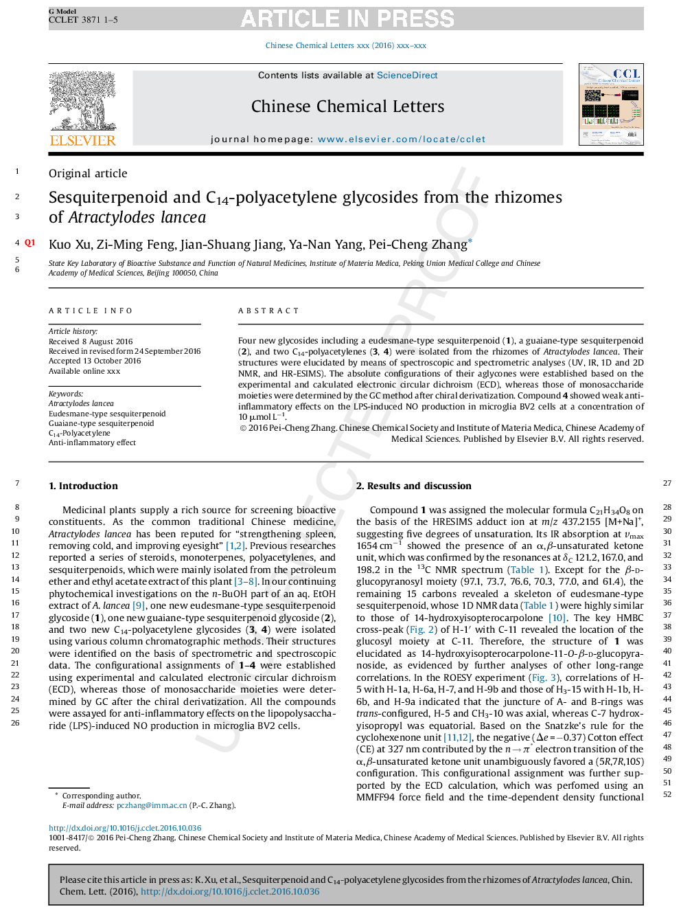 Sesquiterpenoid and C14-polyacetylene glycosides from the rhizomes of Atractylodes lancea