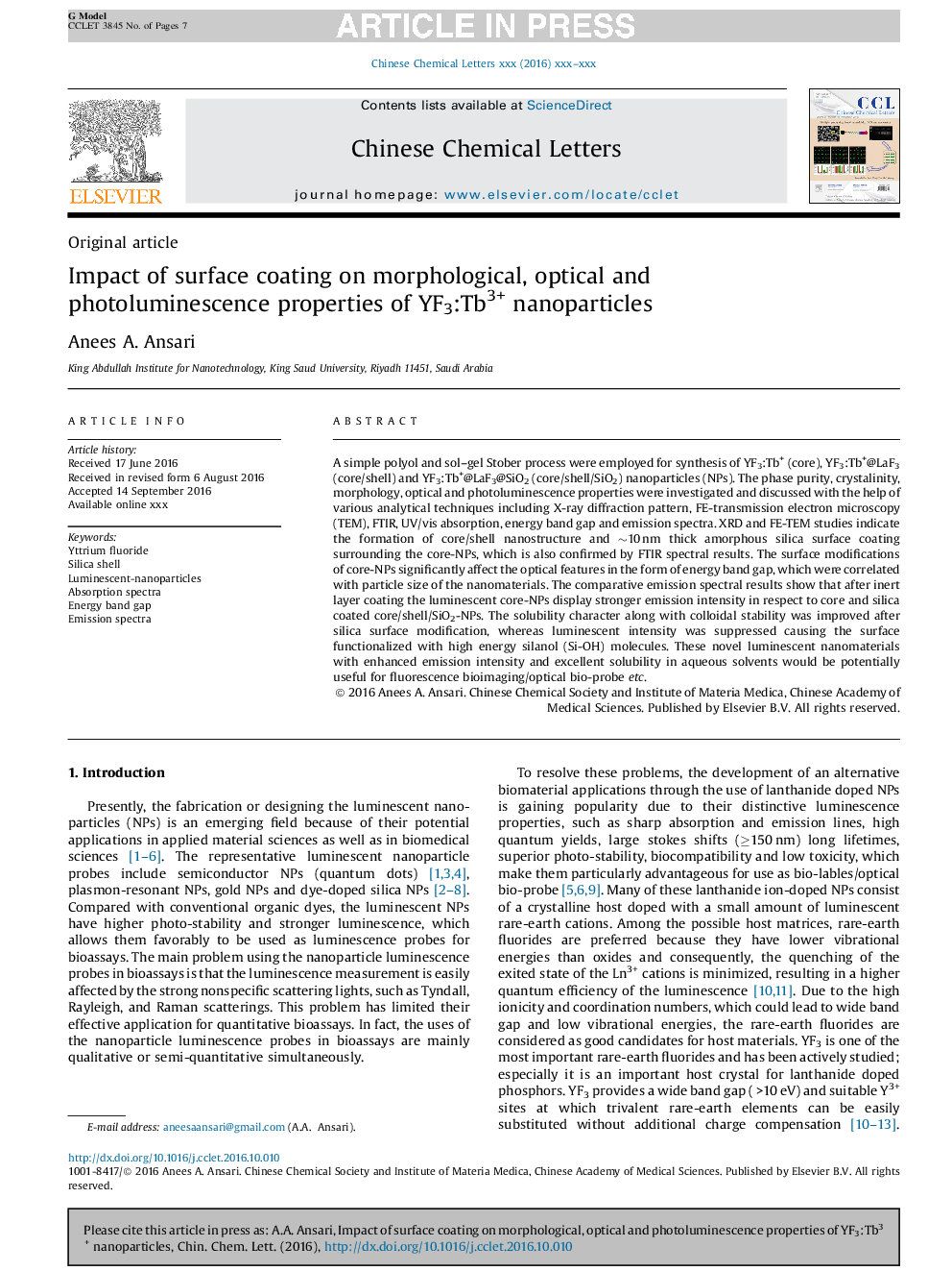 عکس صفحه اول مقاله: Impact of surface coating on morphological, optical and photoluminescence properties of YF3:Tb3+ nanoparticles Impact of surface coating on morphological, optical and photoluminescence properties of YF3:Tb3+ nanoparticles