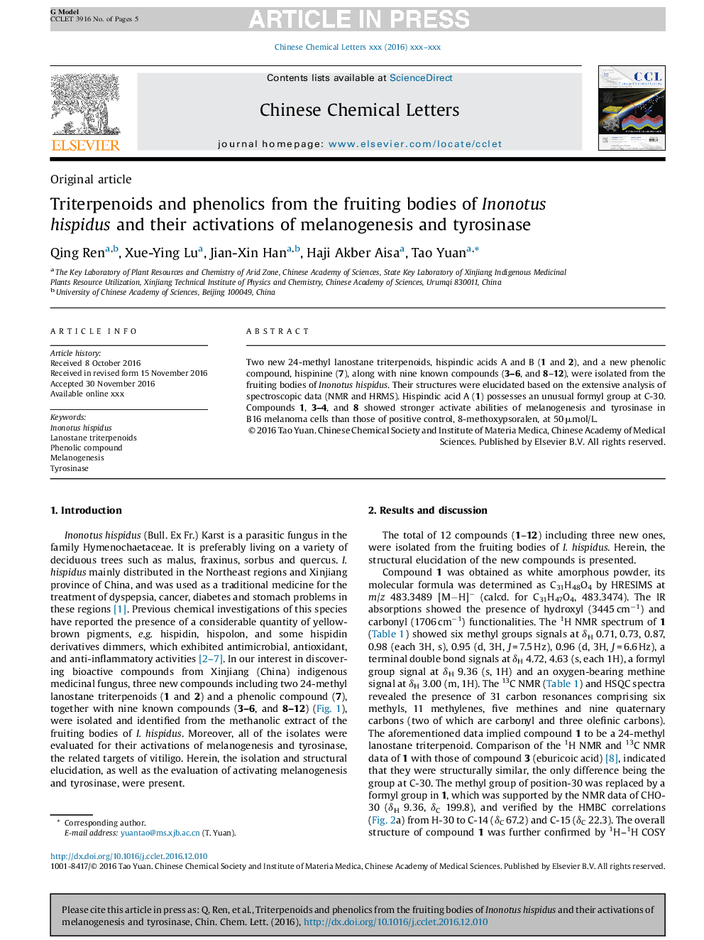 Triterpenoids and phenolics from the fruiting bodies of Inonotus hispidus and their activations of melanogenesis and tyrosinase