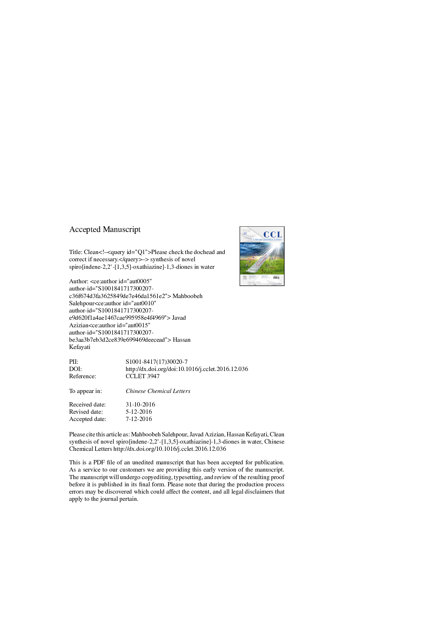 Clean synthesis of novel spiro[indene-2,2'-[1,3,5]-oxathiazine]-1,3-diones in water