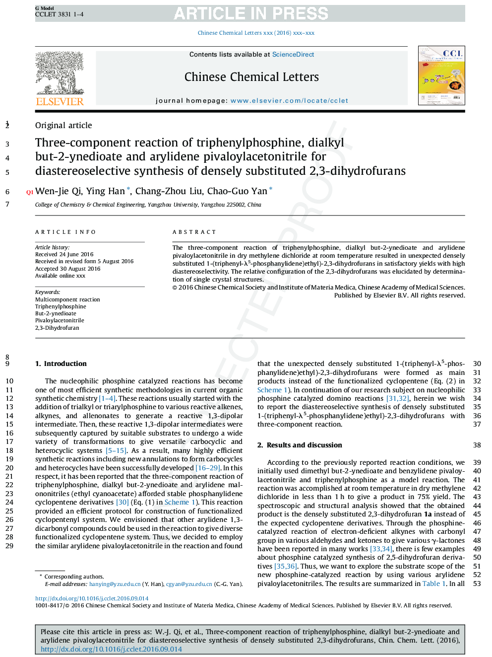 Three-component reaction of triphenylphosphine, dialkyl but-2-ynedioate and arylidene pivaloylacetonitrile for diastereoselective synthesis of densely substituted 2,3-dihydrofurans