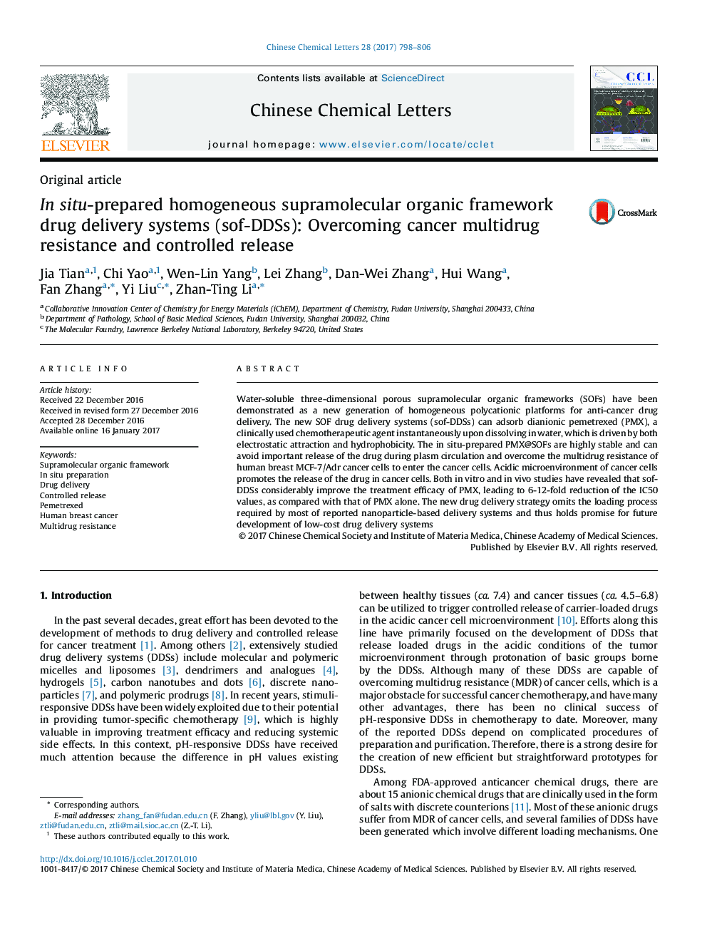 In situ-prepared homogeneous supramolecular organic framework drug delivery systems (sof-DDSs): Overcoming cancer multidrug resistance and controlled release