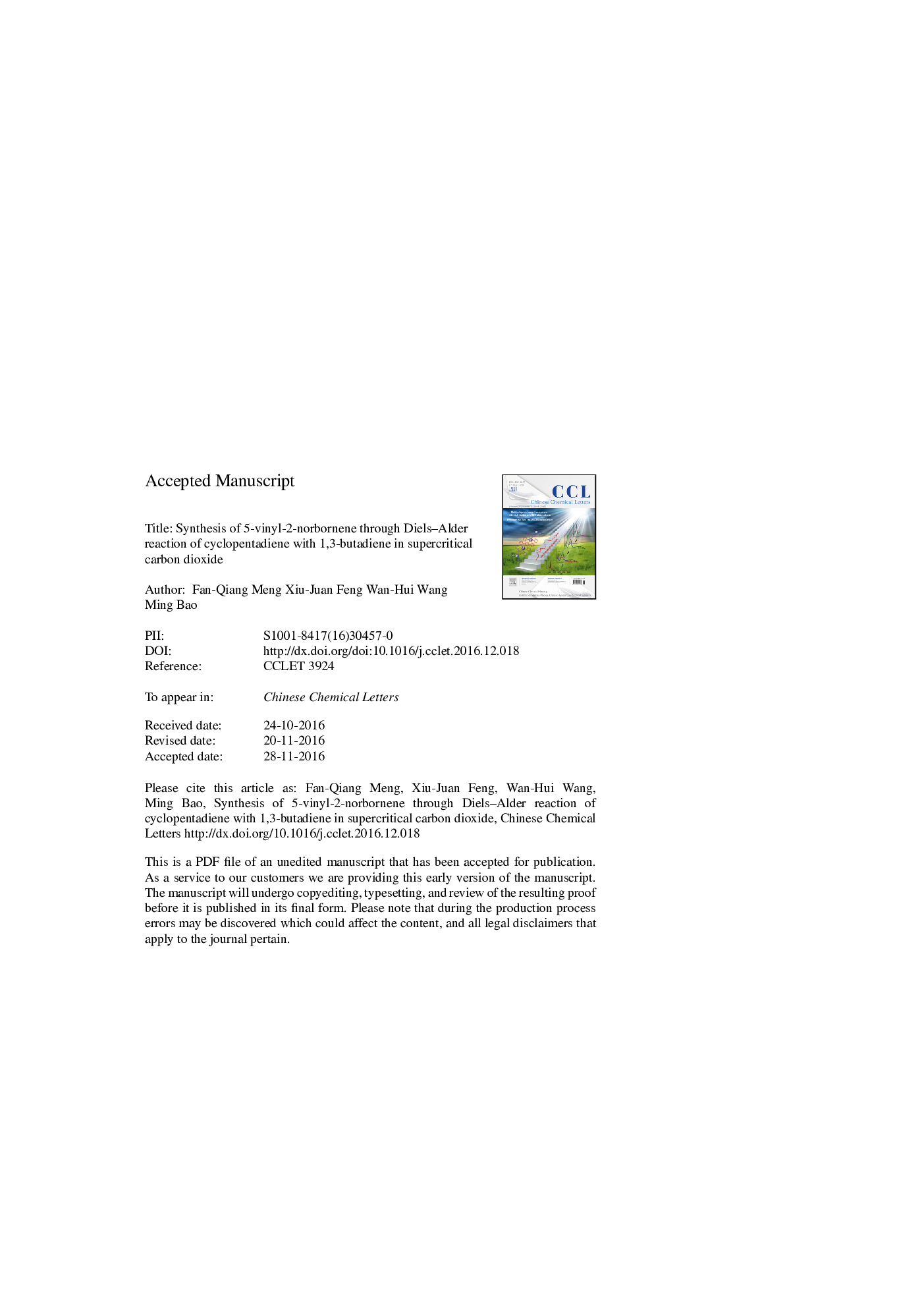 Synthesis of 5-vinyl-2-norbornene through Diels-Alder reaction of cyclopentadiene with 1,3-butadiene in supercritical carbon dioxide