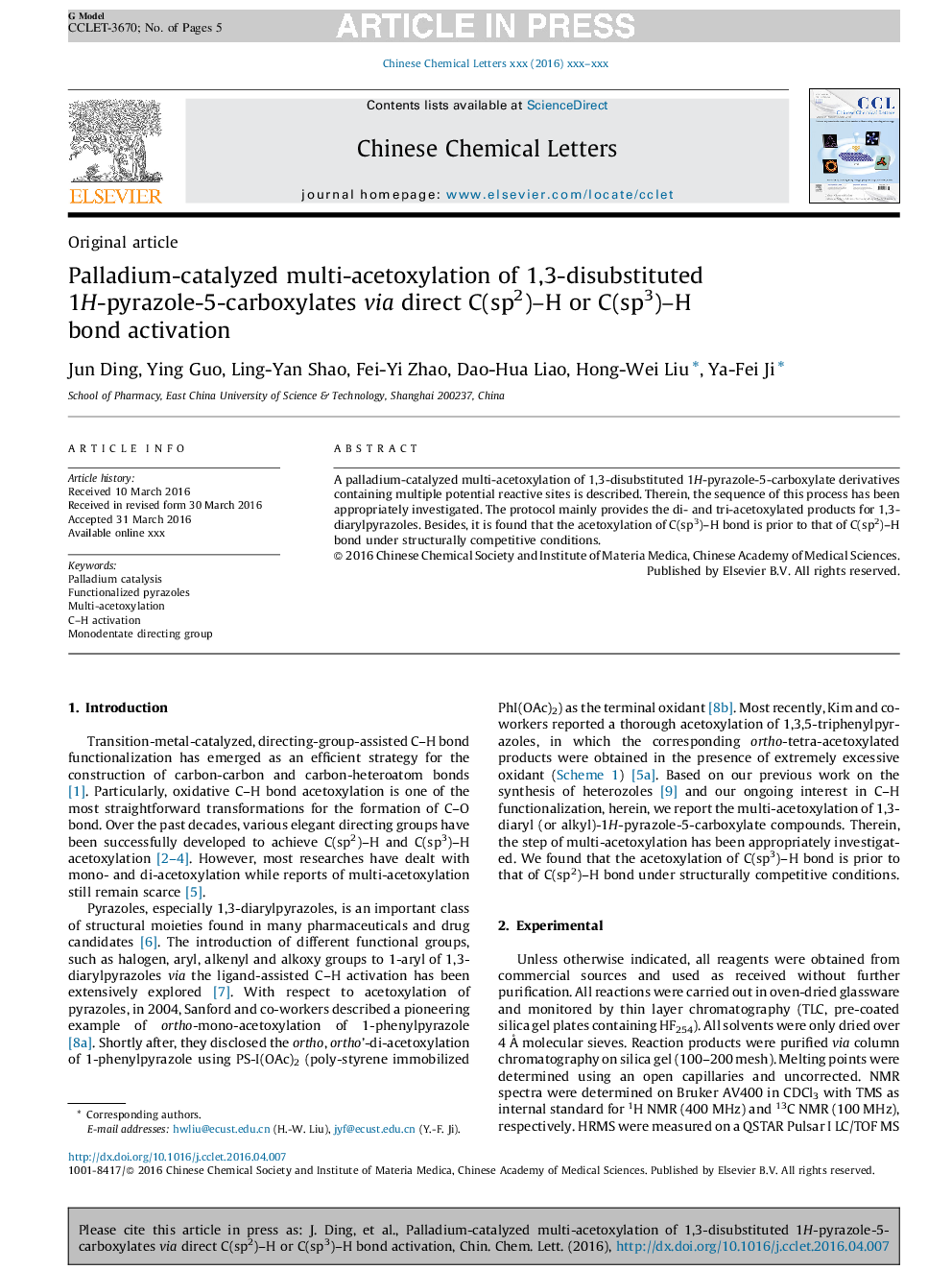 Palladium-catalyzed multi-acetoxylation of 1,3-disubstituted 1H-pyrazole-5-carboxylates via direct C(sp2)H or C(sp3)H bond activation